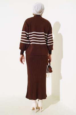 İnce Çizgili Triko Jileli İkili Takım Kahve - Triko İkili Takım