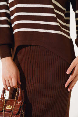 İnce Çizgili Triko Jileli İkili Takım Kahve - Triko İkili Takım