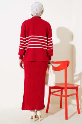 İnce Çizgili Triko Jileli İkili Takım Kırmızı - Triko İkili Takım