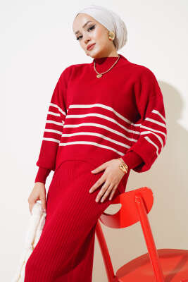 İnce Çizgili Triko Jileli İkili Takım Kırmızı - Triko İkili Takım