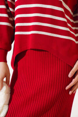 İnce Çizgili Triko Jileli İkili Takım Kırmızı - Triko İkili Takım
