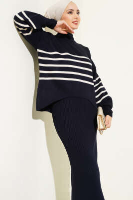 	 İnce Çizgili Triko Jileli İkili Takım Lacivert - Triko İkili Takım