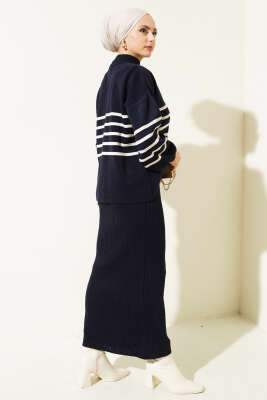 	 İnce Çizgili Triko Jileli İkili Takım Lacivert - Triko İkili Takım