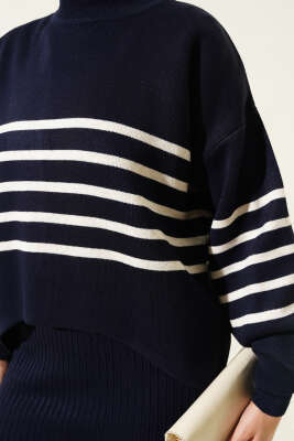 	 İnce Çizgili Triko Jileli İkili Takım Lacivert - Triko İkili Takım