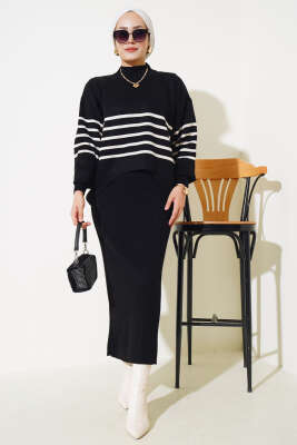 İnce Çizgili Triko Jileli İkili Takım Siyah - Triko İkili Takım