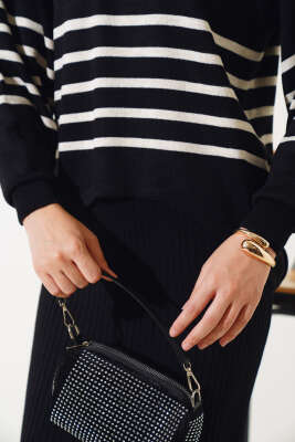 İnce Çizgili Triko Jileli İkili Takım Siyah - Triko İkili Takım