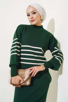 İnce Çizgili Triko Jileli İkili Takım Zümrüt - Triko İkili Takım