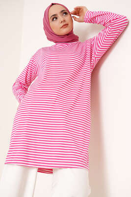 İnce Çizgili Tunik Fuşya 