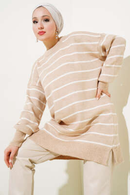 İnce Çizgili Yumoş Triko Tunik Büsküvi 