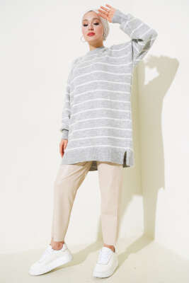 İnce Çizgili Yumoş Triko Tunik Gri - Triko Tunik