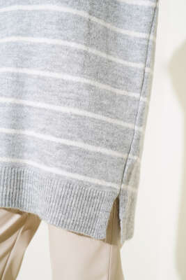 İnce Çizgili Yumoş Triko Tunik Gri - Triko Tunik