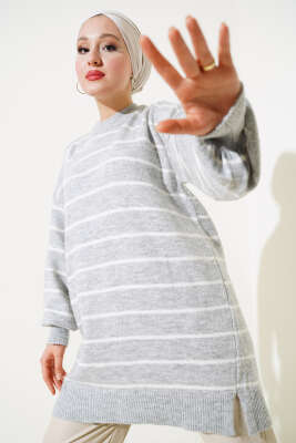 İnce Çizgili Yumoş Triko Tunik Gri - KILIÇ TRİKO