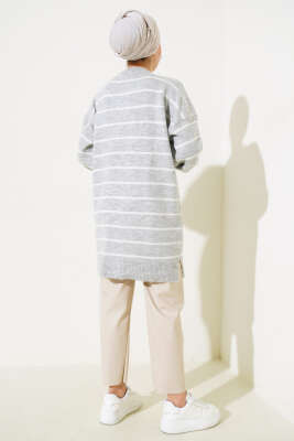 İnce Çizgili Yumoş Triko Tunik Gri - Triko Tunik