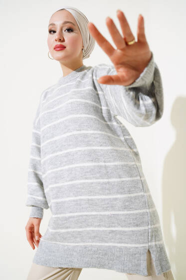 İnce Çizgili Yumoş Triko Tunik Gri - Tunik