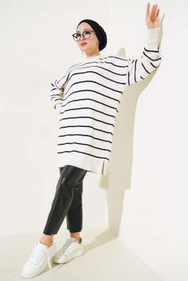 İnce Çizgili Yumoş Triko Tunik Kemik - Triko Tunik