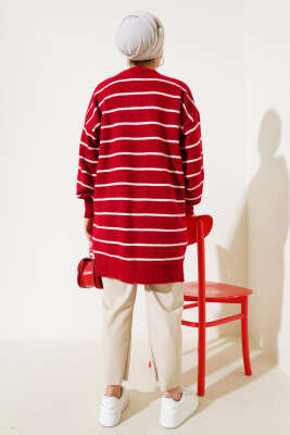 İnce Çizgili Yumoş Triko Tunik Kırmızı - Triko Tunik