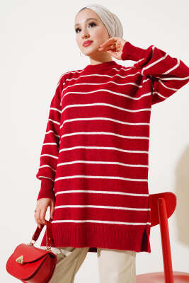 İnce Çizgili Yumoş Triko Tunik Kırmızı 