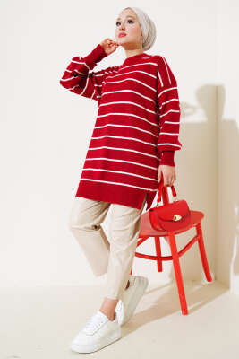 İnce Çizgili Yumoş Triko Tunik Kırmızı - Triko Tunik