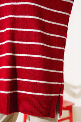 İnce Çizgili Yumoş Triko Tunik Kırmızı - Triko Tunik