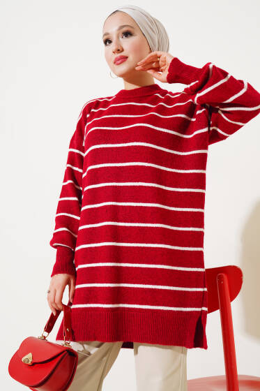 İnce Çizgili Yumoş Triko Tunik Kırmızı - Tunik