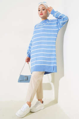 	 İnce Çizgili Yumoş Triko Tunik Mavi - Triko Tunik