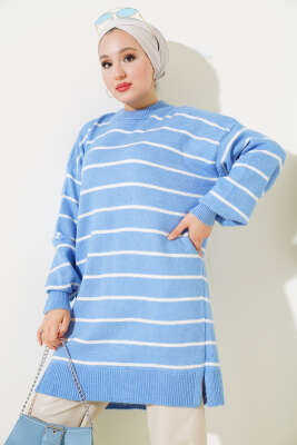 	 İnce Çizgili Yumoş Triko Tunik Mavi 