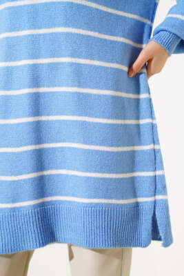 	 İnce Çizgili Yumoş Triko Tunik Mavi - Triko Tunik