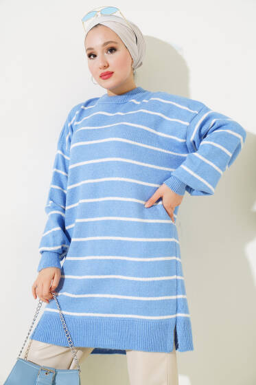 	 İnce Çizgili Yumoş Triko Tunik Mavi - Tunik