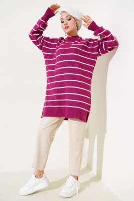 İnce Çizgili Yumoş Triko Tunik Menekşe - Triko Tunik