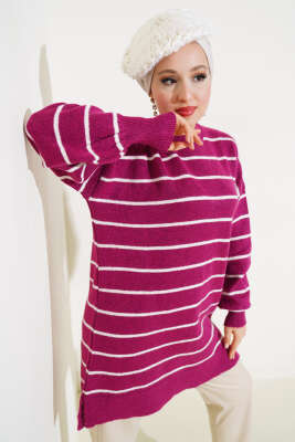 İnce Çizgili Yumoş Triko Tunik Menekşe 