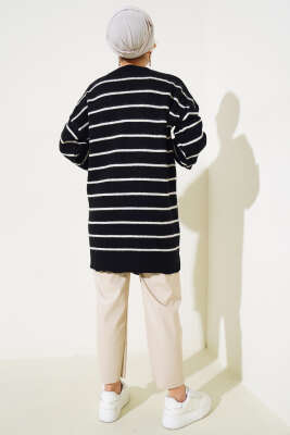 İnce Çizgili Yumoş Triko Tunik Siyah - Triko Tunik