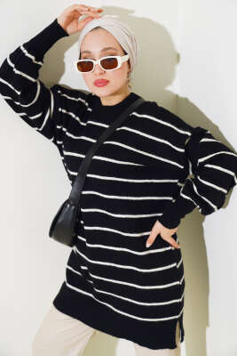 İnce Çizgili Yumoş Triko Tunik Siyah 