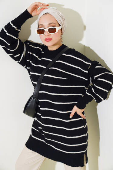 İnce Çizgili Yumoş Triko Tunik Siyah - Tunik