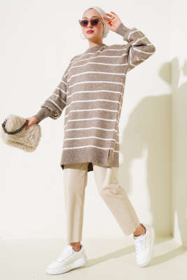 İnce Çizgili Yumoş Triko Tunik Vizon - Triko Tunik