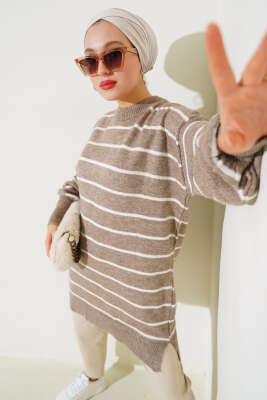 İnce Çizgili Yumoş Triko Tunik Vizon - KILIÇ TRİKO