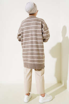 İnce Çizgili Yumoş Triko Tunik Vizon - Triko Tunik