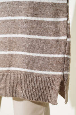 İnce Çizgili Yumoş Triko Tunik Vizon - Triko Tunik