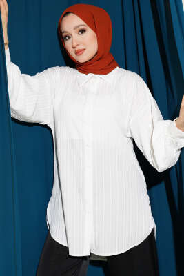 İnce Dik Çizgili Gömlek Beyaz - TABLO FASHİON