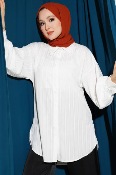 İnce Dik Çizgili Gömlek Beyaz - Gömlek