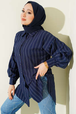 İnce Dik Çizgili Gömlek Lacivert - TABLO FASHİON