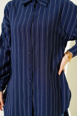 İnce Dik Çizgili Gömlek Lacivert - Gömlek