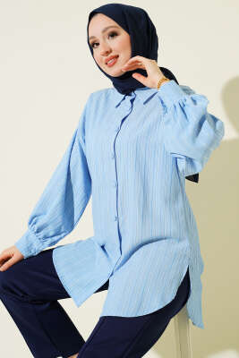İnce Dik Çizgili Gömlek Mavi - TABLO FASHİON