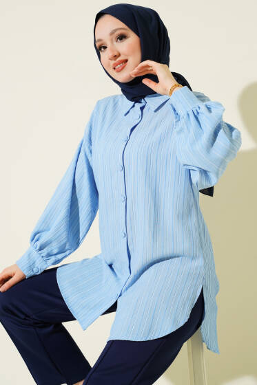 İnce Dik Çizgili Gömlek Mavi - Gömlek