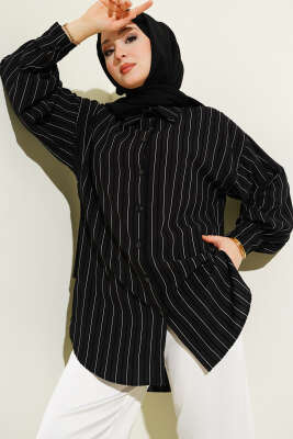 İnce Dik Çizgili Gömlek Siyah - TABLO FASHİON