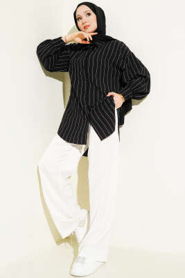 İnce Dik Çizgili Gömlek Siyah - Gömlek