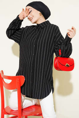 İnce Dik Çizgili Gömlek Siyah - Gömlek