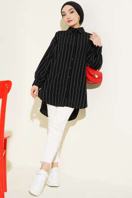 İnce Dik Çizgili Gömlek Siyah - Gömlek