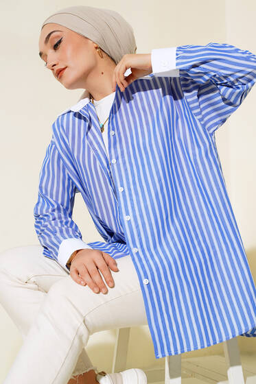 İnce Dik Çizgili Salaş Gömlek İndigo - Gömlek