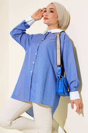 İnce Dik Çizgili Salaş Gömlek Mavi - Gömlek