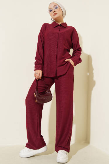 İnce Fitilli Cepli Gömlek İkili Takım Bordo - İkili Takım